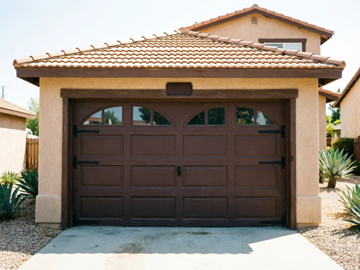 A brown garage door with arched windows is on a beige house.
