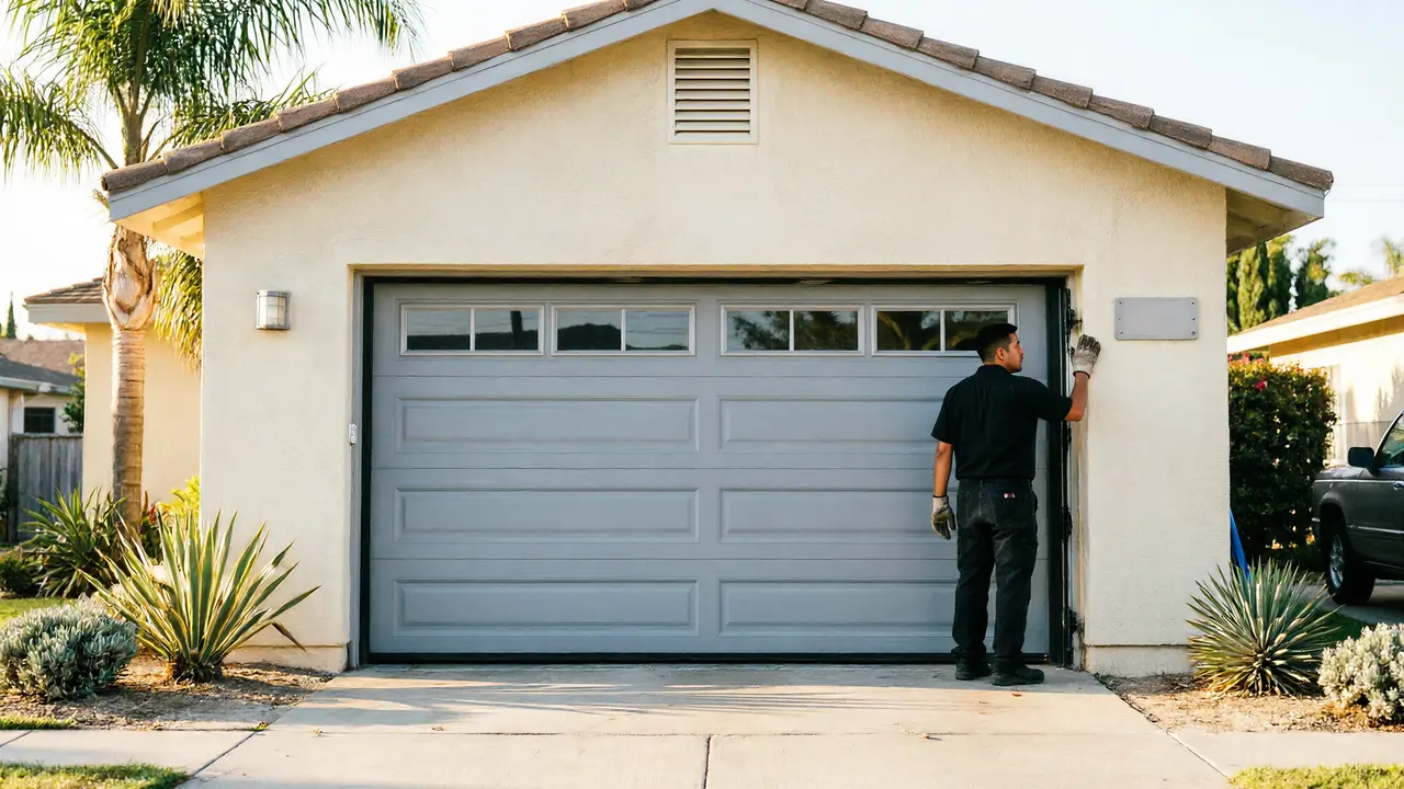 A technician in a black shirt and gloves works on a gray garage door.