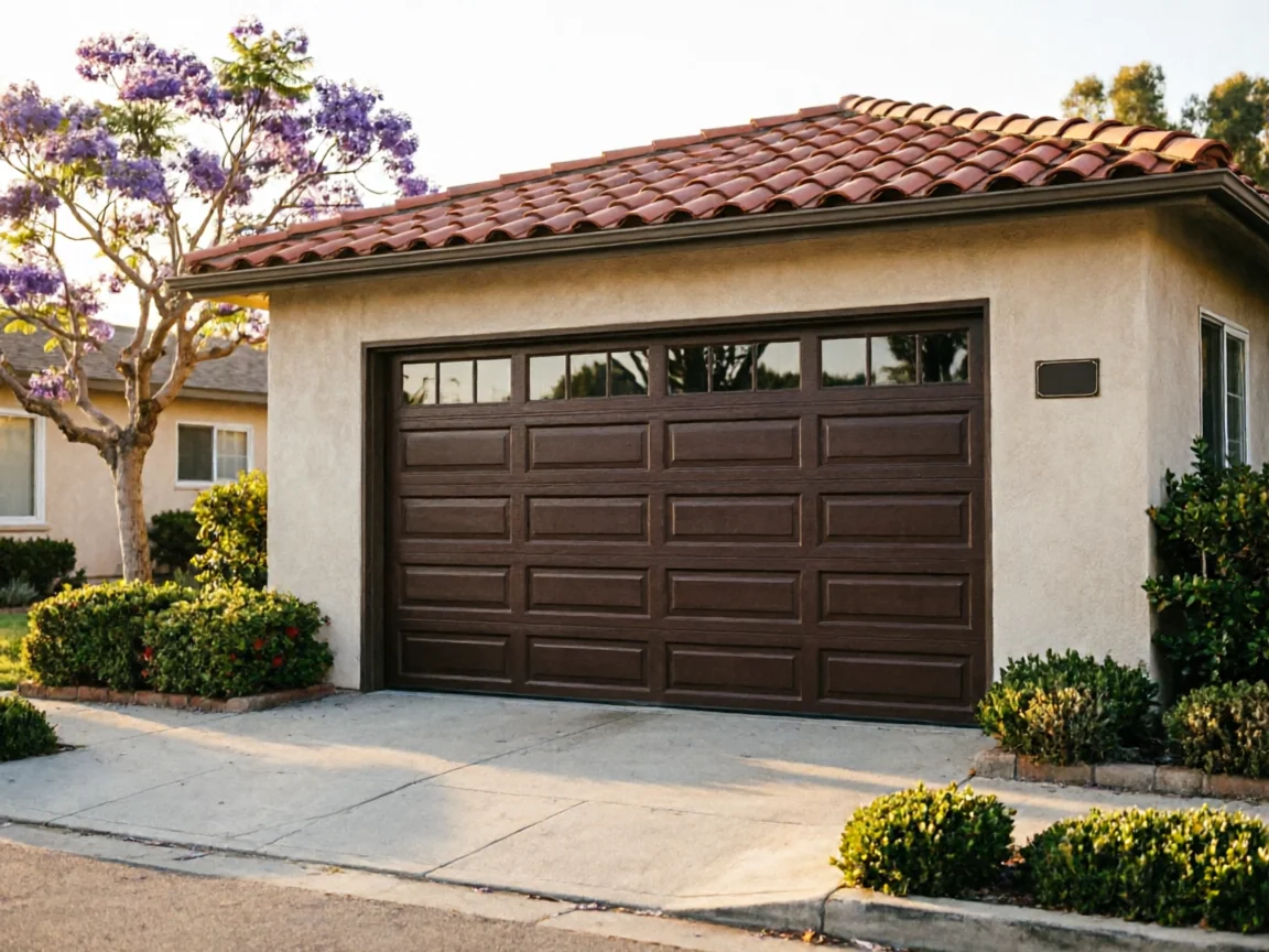 A brown garage door with windows is on a stucco garage with a red tile roof.
