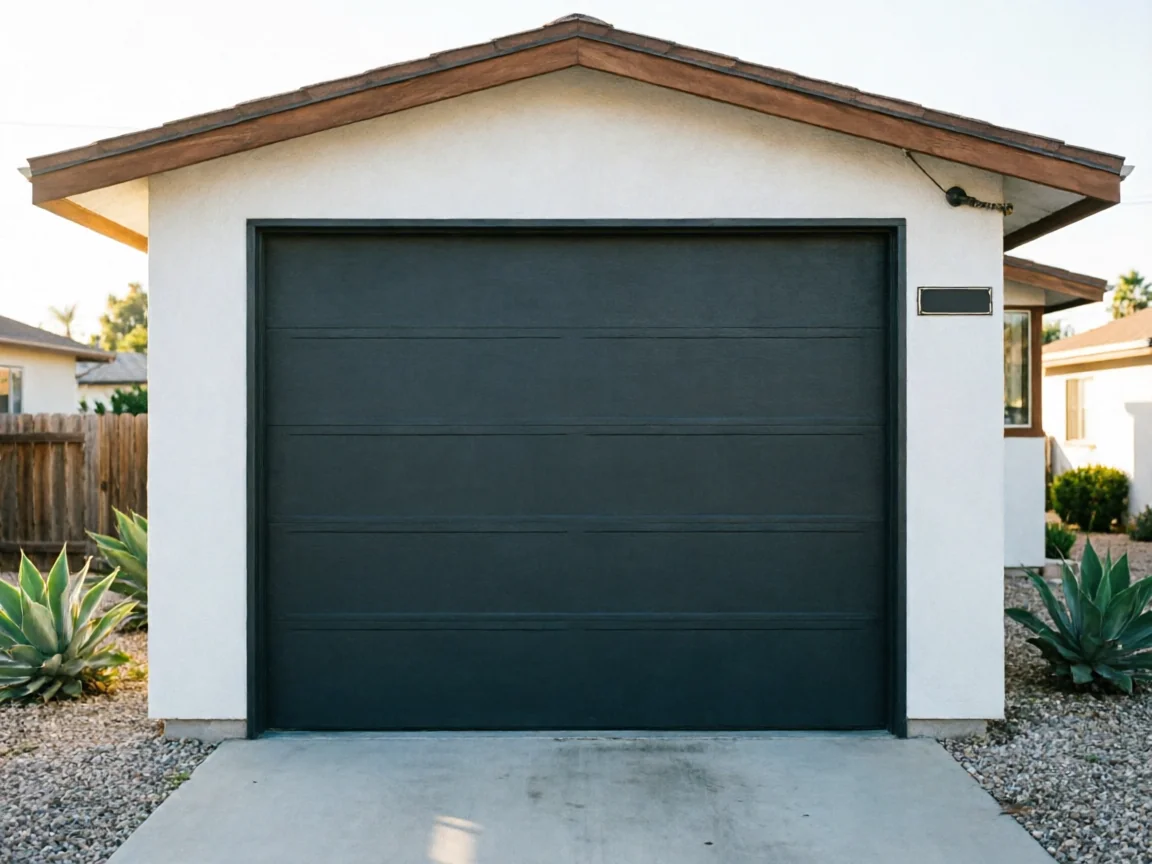 A dark gray garage door is on a white stucco house with a brown roof.